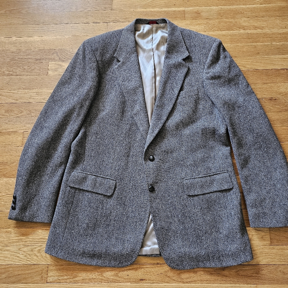 Charing Cross Gray Black Harringbone Print Wool Sport Coat Mens Size 46 Ex Long